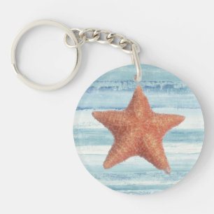 Painted Starfish on Blue Watercolor Stripes Keychain