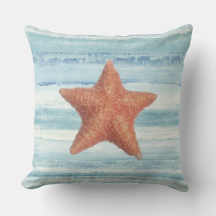 Painted Starfish on Blue Watercolor Stripes Throw Pillow