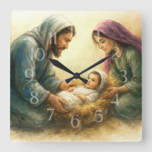 Painted Style Nativity Scene Holiday Card Square Wall Clock