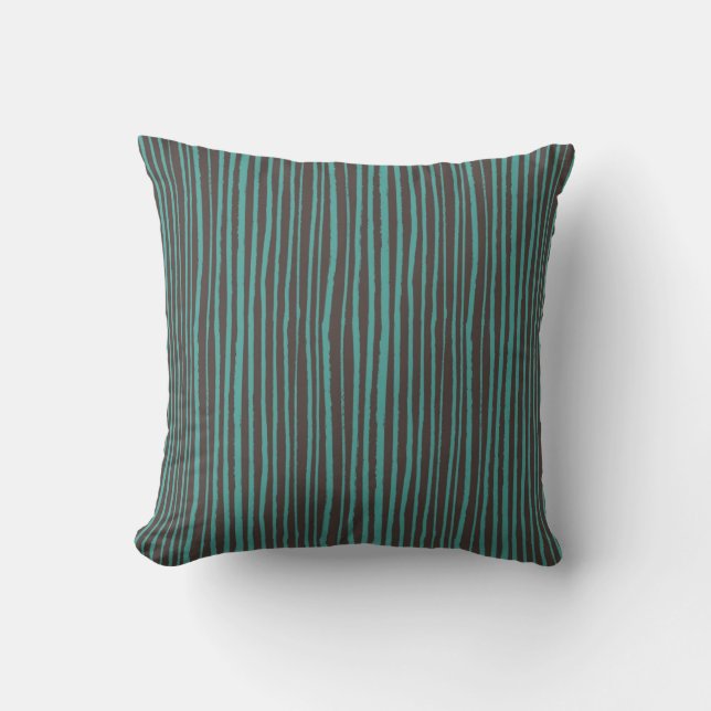 Painted Teal Stripes on Dark Brown Throw Pillow (Front)