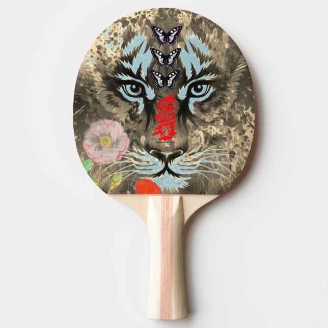 PAINTED TIGER WITH BUTTERFLIES CUSTOM INITIAL PING PONG PADDLE (Front)