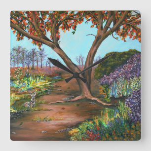 Painted Trees and Blossoms Landscape Acrylic Square Wall Clock