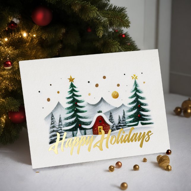 Painted Trees and House Happy Hoildays Foil Holiday Card (Creator Uploaded)