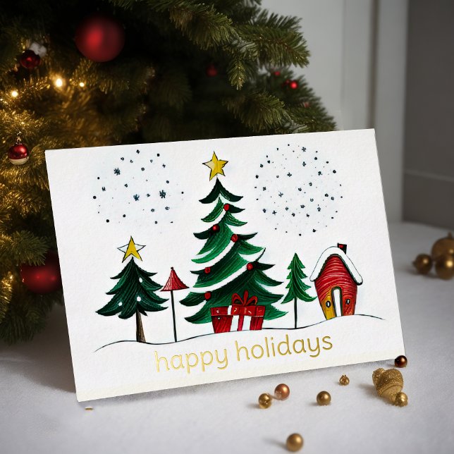 Painted Trees and House Happy Hoildays Foil Holiday Card (Creator Uploaded)