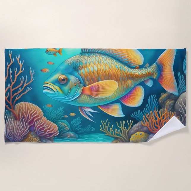 Painted Underwater Reef Scene Fish Coral Beach Towel (Front)