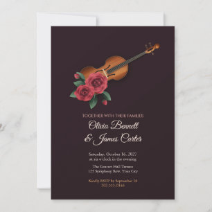 Painted Violin and Red Roses Wedding Invitation