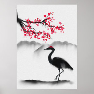 Painted Wall Art with Sakura and Heron