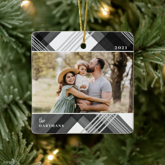 Painted Watercolor Black Plaid Christmas Photo  Ceramic Ornament (Tree)