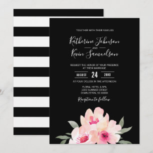 Painted Watercolor Blush Pink Black Floral Wedding Invitation