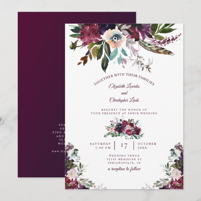 Painted Watercolor Burgundy Floral Wedding Invitation (Front/Back)