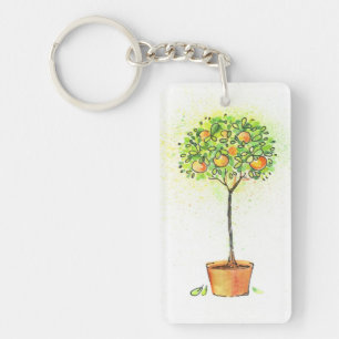 Painted watercolor citrus tree in pot keychain