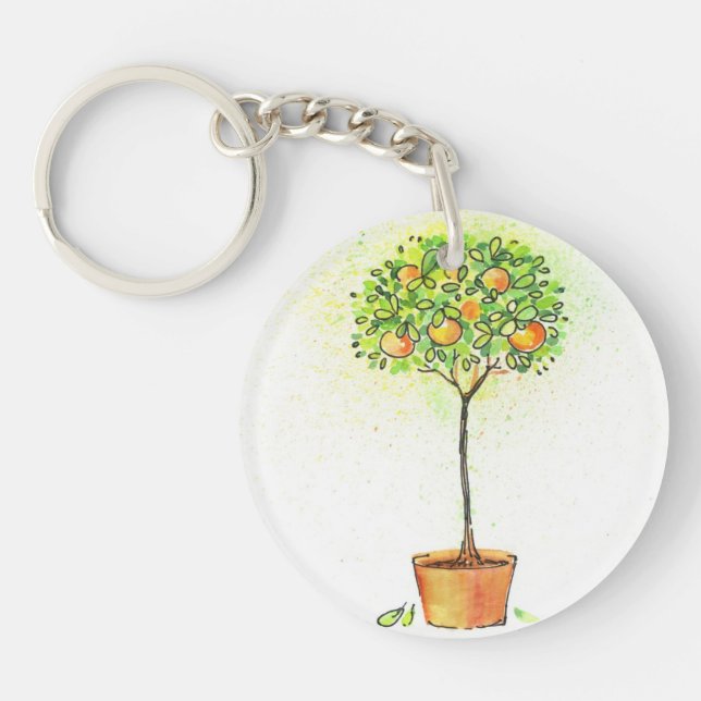 Painted watercolor citrus tree in pot keychain (Front)