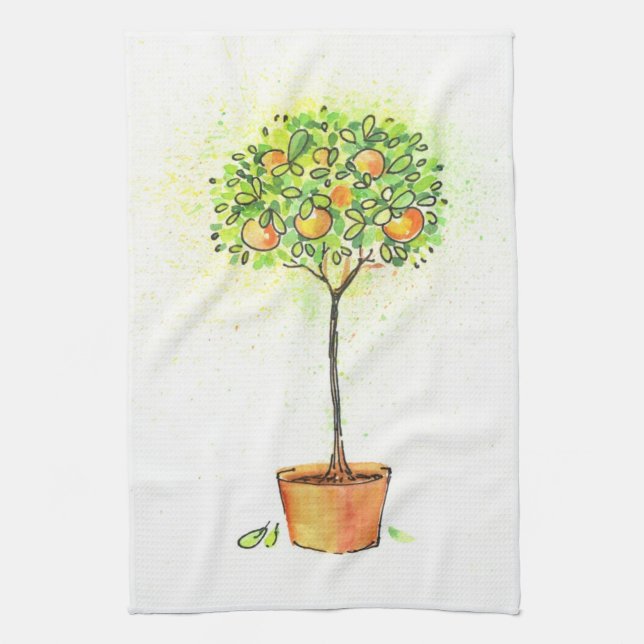 Painted watercolor citrus tree in pot kitchen towel (Vertical)
