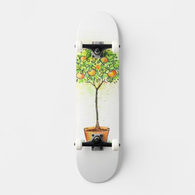 Painted watercolor citrus tree in pot skateboard (Front)
