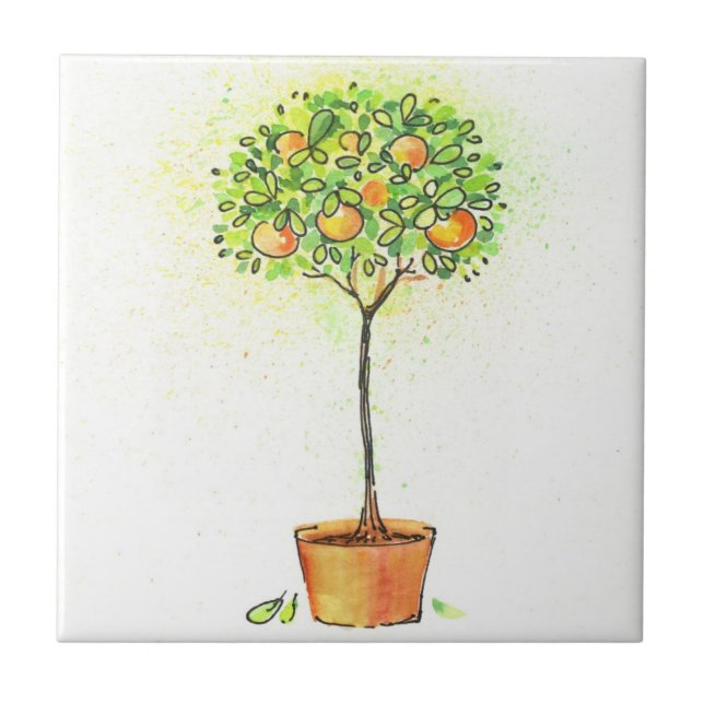 Painted watercolor citrus tree in pot tile (Front)