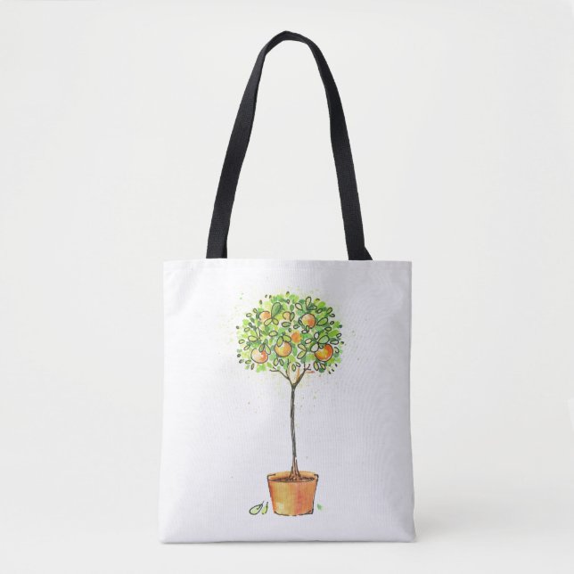 Painted watercolor citrus tree in pot tote bag (Front)