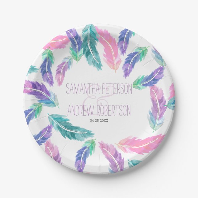 Painted watercolor feathers wedding paper plate (Front)
