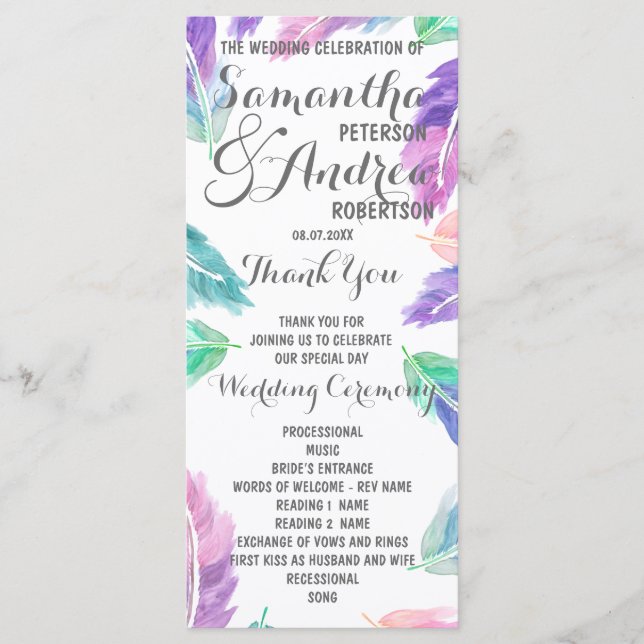 Painted watercolor feathers Wedding Program (Front)
