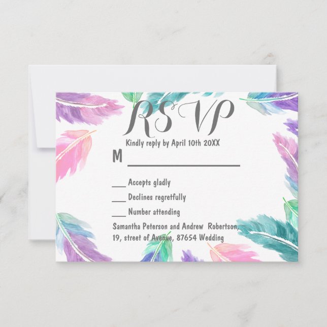 Painted watercolor feathers wedding RSVP Card (Front)