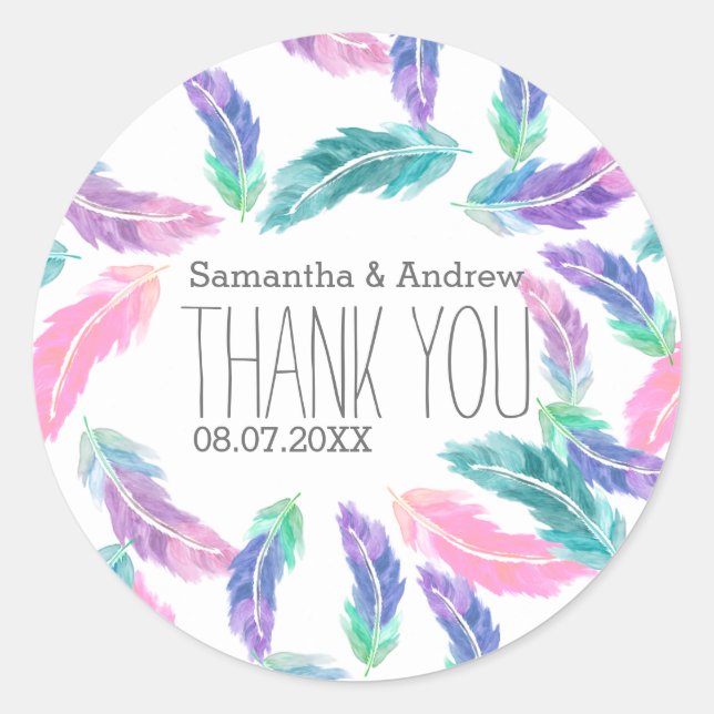 Painted watercolor feathers wedding Thank you Classic Round Sticker (Front)