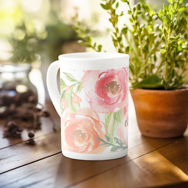 Painted Watercolor Flowers Calligraphy Name Bone China Mug (Personalized mug with photos and text, customize completely in the advanced design area)