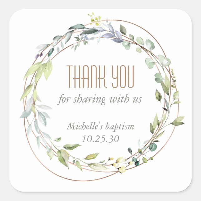Painted watercolor Greenery,  Baptism thank you Square Sticker (Front)