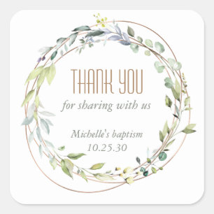 Painted watercolor Greenery,  Baptism thank you Square Sticker