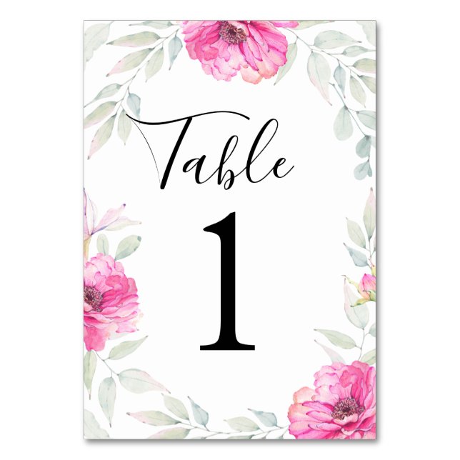 Painted Watercolor Leaves and Pink Flowers Table Number (Front)