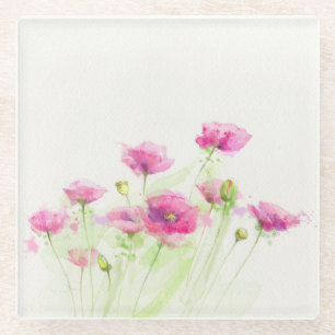 Painted watercolor poppies 3 glass coaster