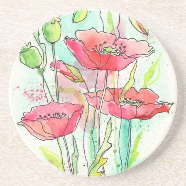 Painted watercolor poppies coaster (Front)