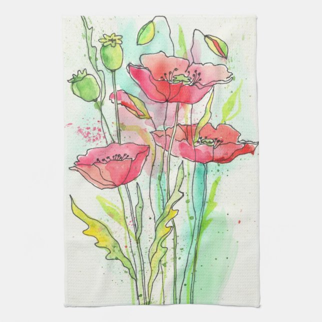 Painted watercolor poppies kitchen towel (Vertical)