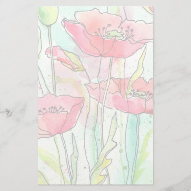 Painted watercolor poppies stationery (Front)