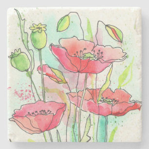 Painted watercolor poppies stone coaster