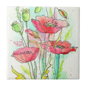 Painted watercolor poppies tile