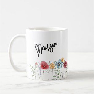 Painted Watercolor Wildflowers with Your Name Coffee Mug