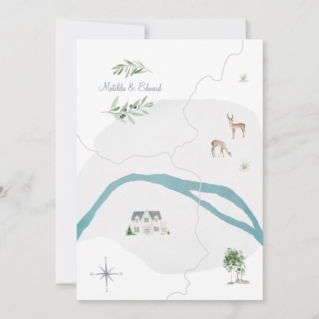 Painted watercolour wedding map invitation (Front)