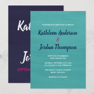 Painted Wedding Invite Turquoise, Navy Blue + Pink