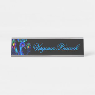 Painted Whimsical Peacock Desk Name Plate