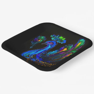 Painted Whimsical Peacock Paper Plate