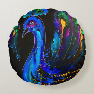 Painted Whimsical Peacock Round Pillow