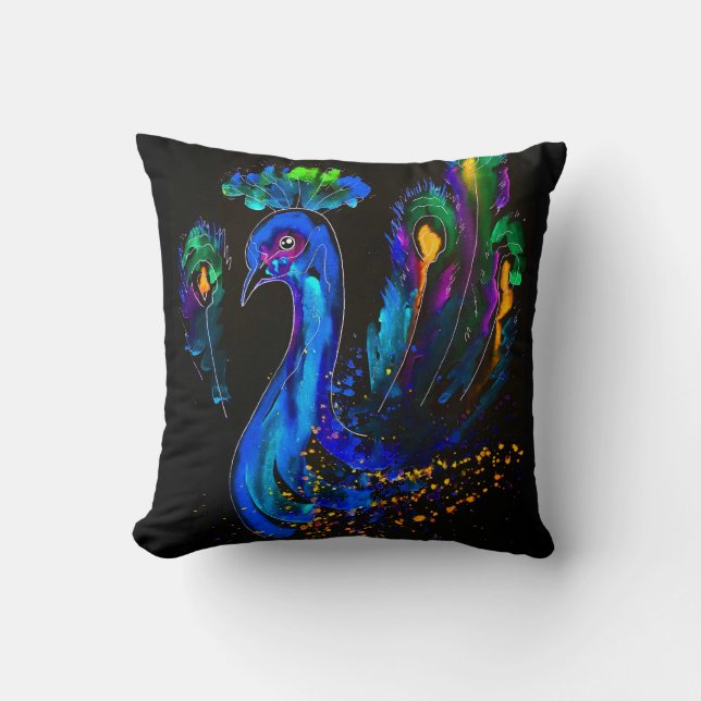 Painted Whimsical Peacock Throw Pillow (Front)