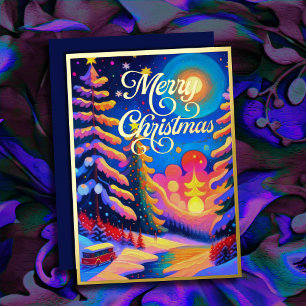Painted Whimsical Winter Scenery Christmas Foil Holiday Card