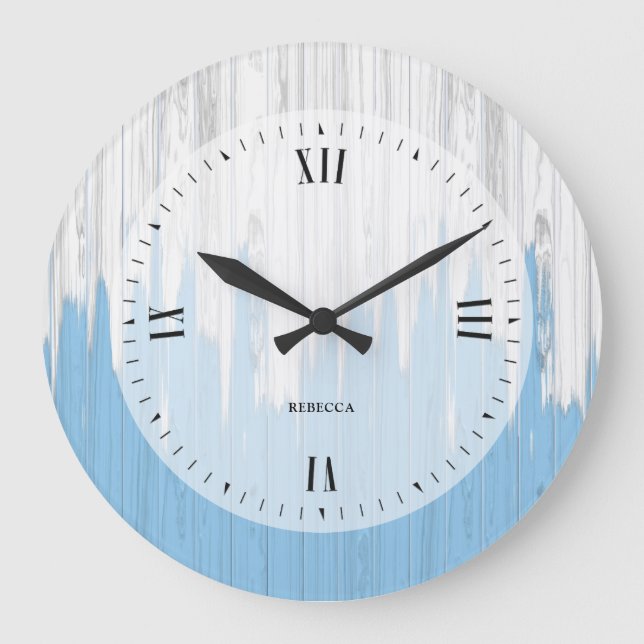 Painted white and blue wood texture large clock (Front)