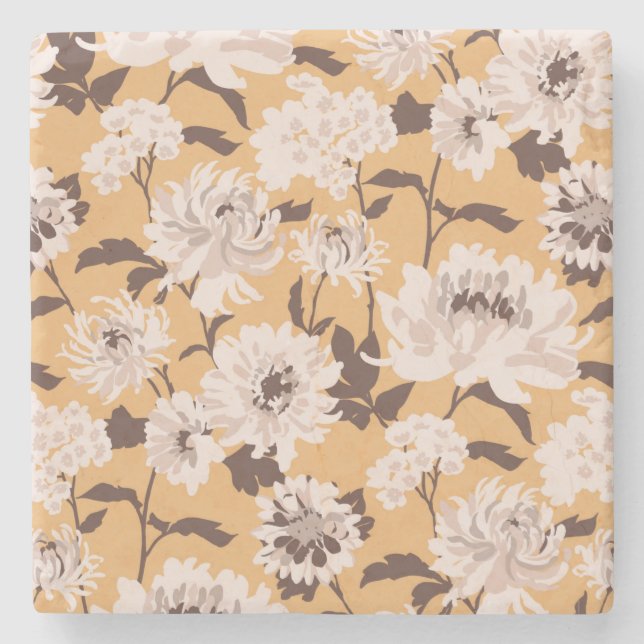 Painted White Flowers Floral Pattern Stone Coaster (Front)