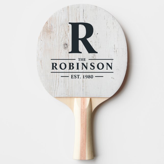 Painted White Wood Family Name & Initial Ping Pong Paddle (Front)