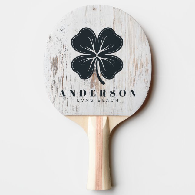 Painted White Wood Four Leaf Clover with Name Ping Pong Paddle (Back)