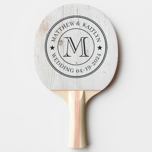 Painted White Wood Wedding Monogram Star Ping Pong Paddle (Front)