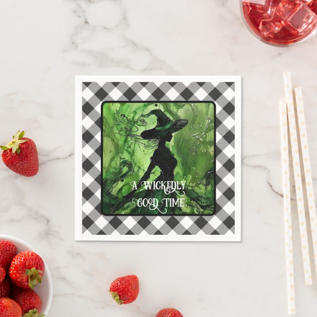 Painted Wickedly Good Witch Black Gingham Plaid Napkin (Insitu)