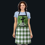 Painted Wickedly Good Witch Green Gingham Plaid  Apron<br><div class="desc">Painted Wickedly Good Witch Green Gingham Plaid Apron- This apron features a green and black painting of a witch in an enchanted forest on top of a white and green gingham chequered plaid pattern. Designed for those who loves dark fantasy and spooky things.</div>