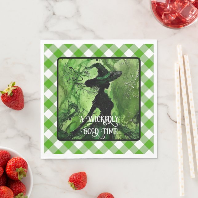 Painted Wickedly Good Witch Green Gingham Plaid Napkin (Insitu)